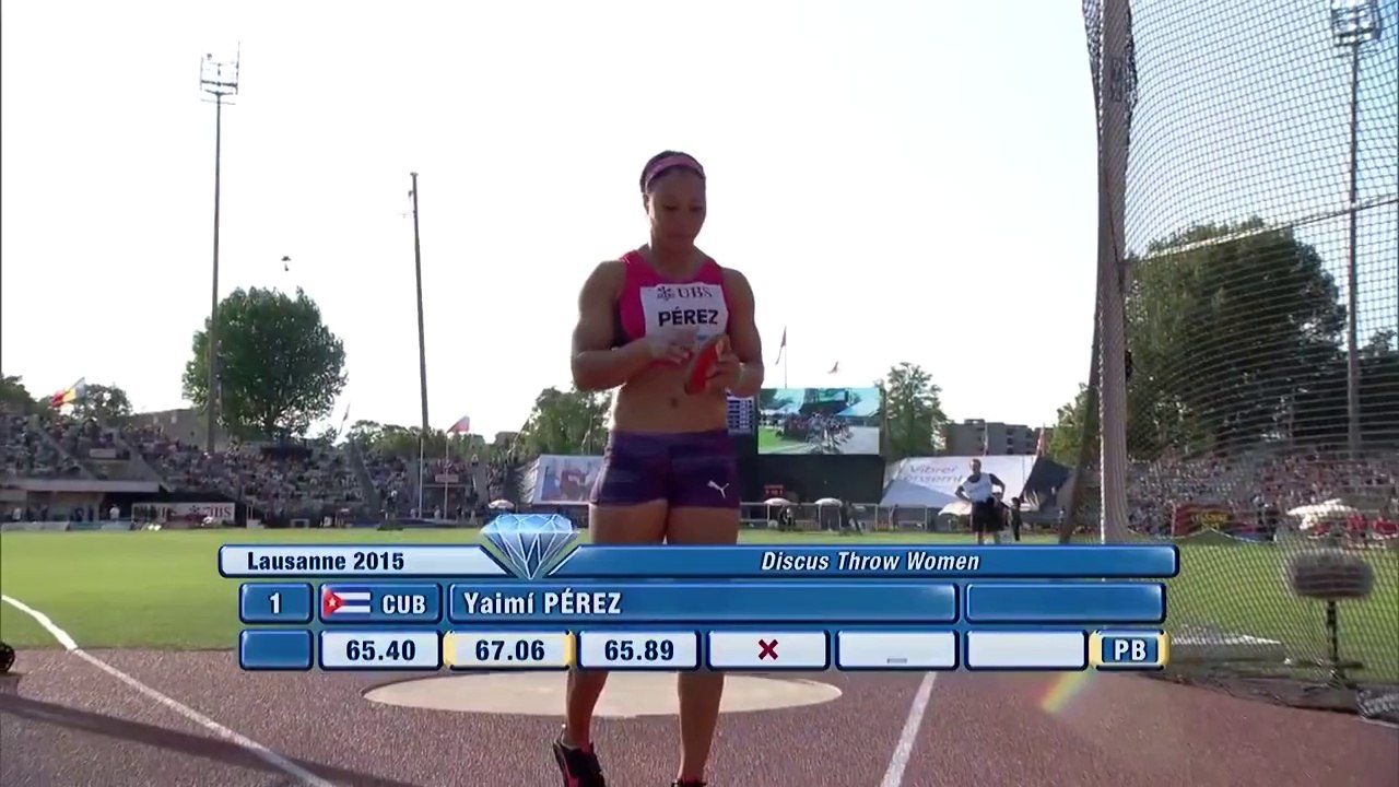 lancer du disque F  – DL Lausanne 2015 (Sandra Perkovic battue par Yaime Pérez à 66m13)