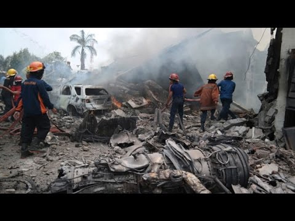 RAW: Giant Indonesia C-130 Hercules military plane crashes in residential area of Medan