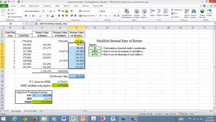 Excel Spreadsheet for MIRR, IRR and NPV