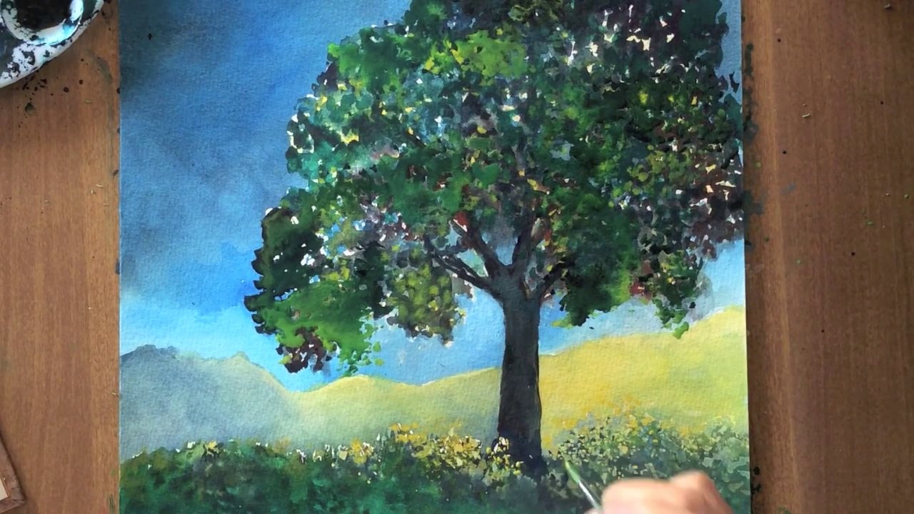 How to paint a lonely tree in watercolor, step by step tutorial