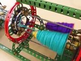 Horizontal Meccano French Knitting Machine - close-up from yarns to output