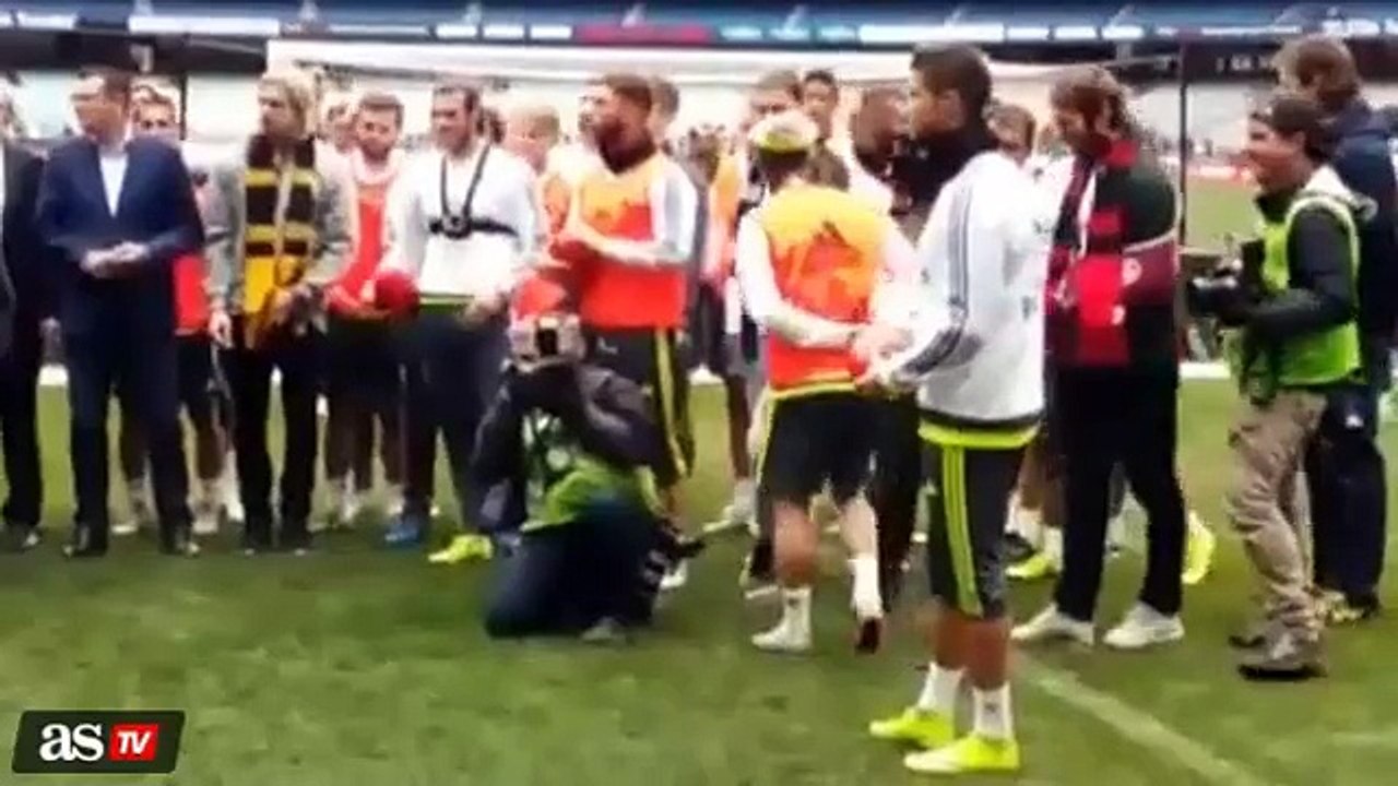 Cristiano Ronaldo scores a penalty with an australian football 2015