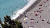 Beautiful Nice Cote D'Azur People Tourists Sandy Beach Turquoise Water Waves Day. Stock Footage