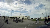 Supermoto vs Custom - jump airing over 95 feet in a parking lot