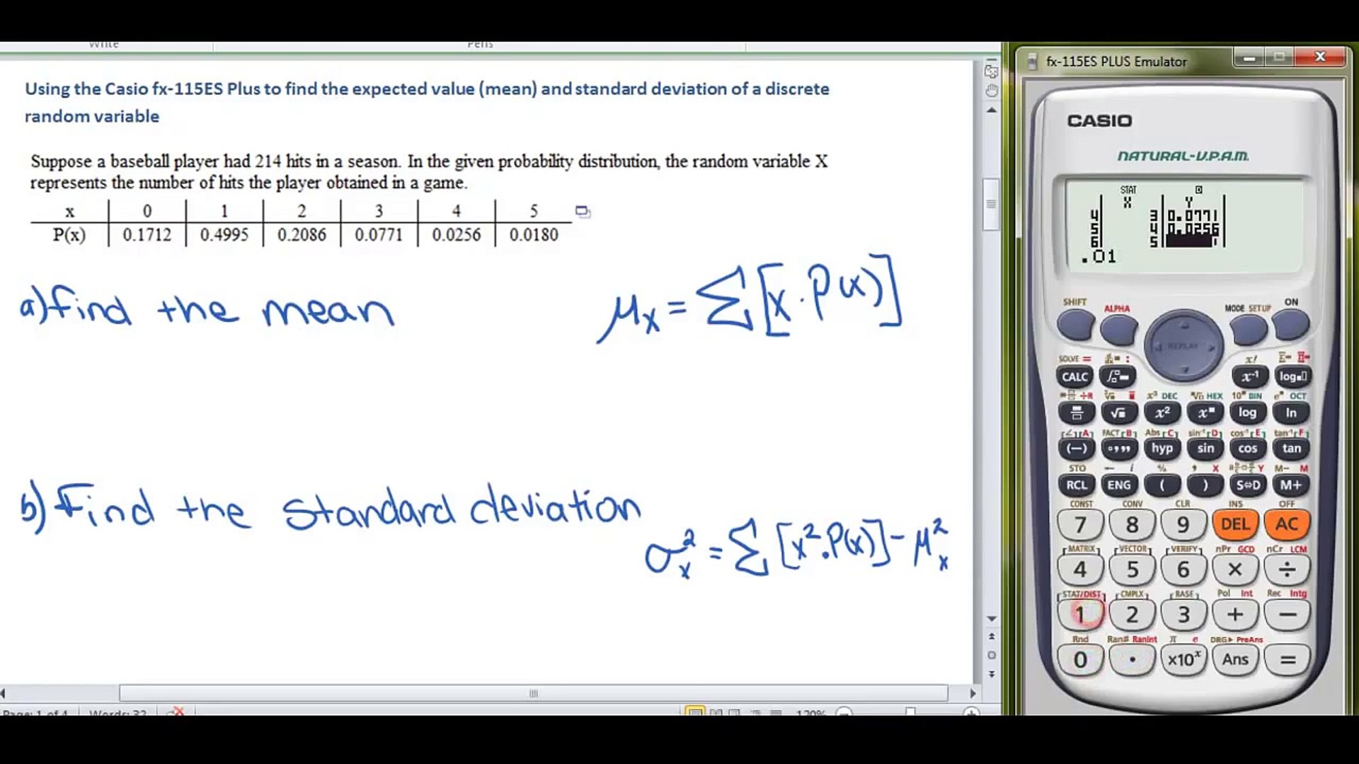 Using the Casio fx-115es Plus to find the Mean and Standard Deviation of a Discrete  Random Variable - video Dailymotion