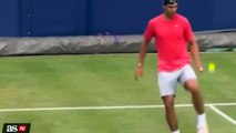 Tennis legend Rafael Nadal shows off his keepy uppy skills with a tennis ball