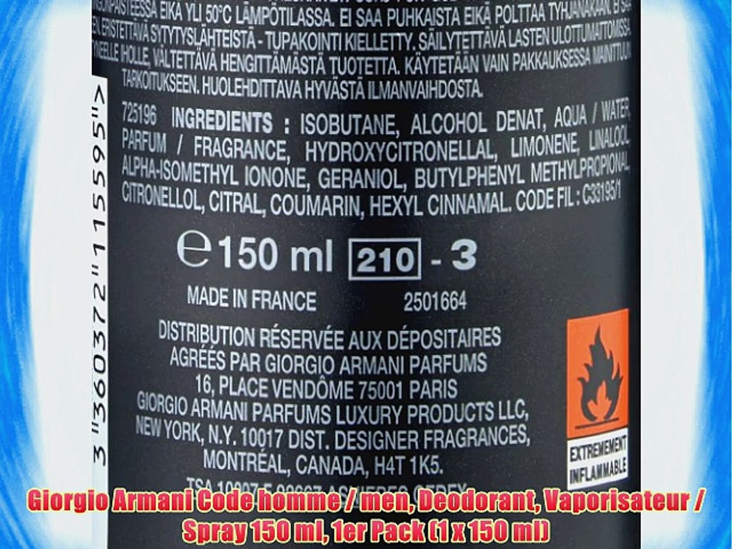 ⁣Giorgio Armani Code homme / men Deodorant Vaporisateur / Spray 150 ml 1er Pack (1 x 150 ml)