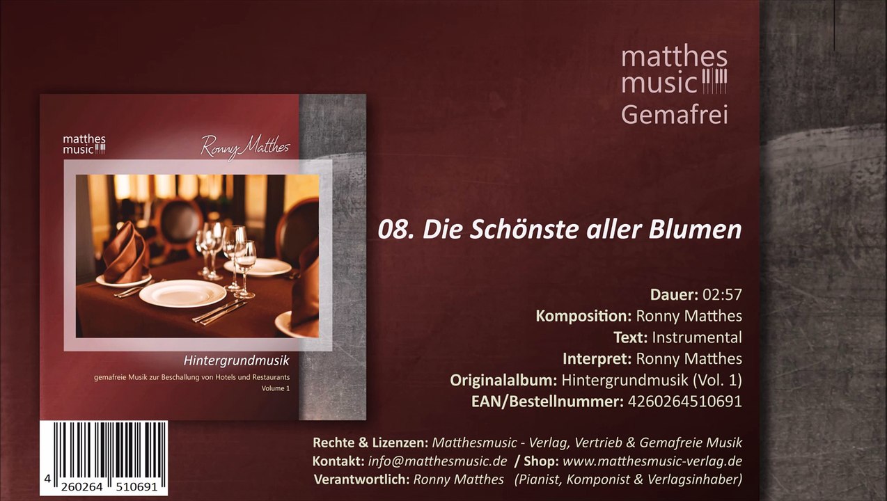 Die Schönste aller Blumen - Gemafreie Klaviermusik (08/13) - CD: Hintergrundmusik  (Vol. 1)