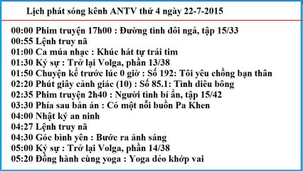 Lịch phát sóng kênh ANTV thứ 4 ngày 22-7-2015