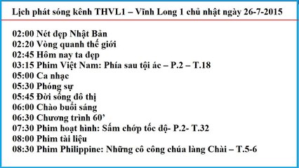 Lịch phát sóng kênh THVL1 – Vĩnh Long 1 chủ nhật ngày 26-7-2015