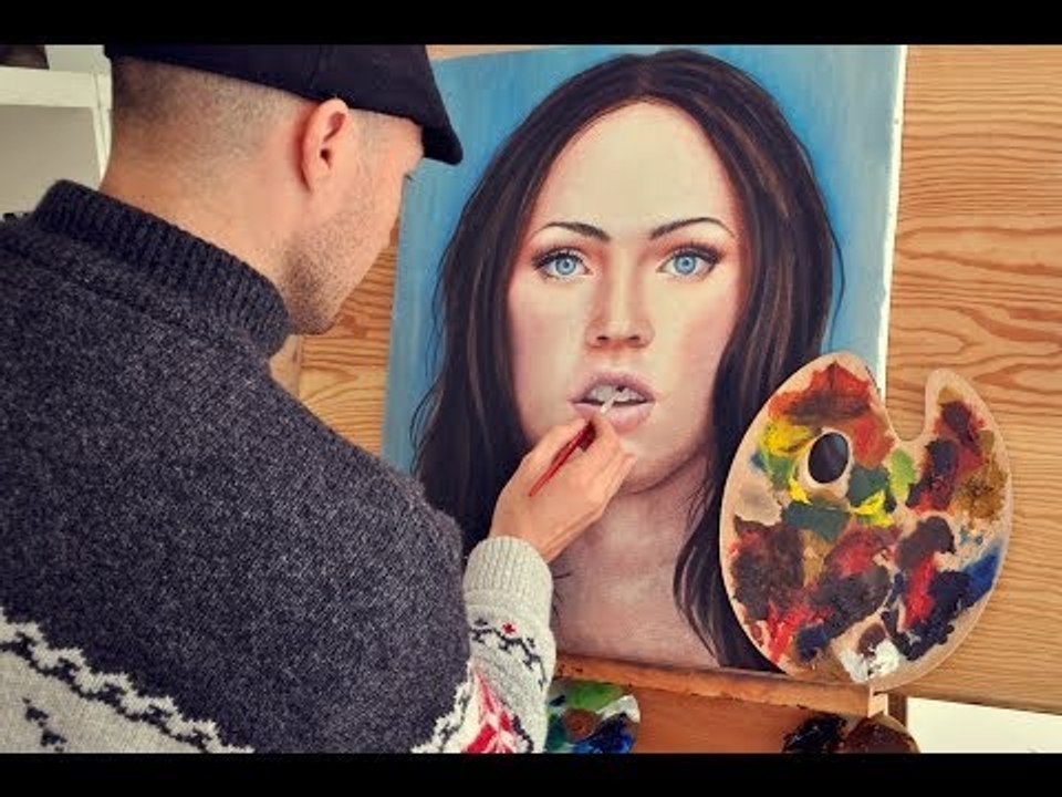 Megan Fox speed drawing portrait in dry brush technique Oil painting from photo