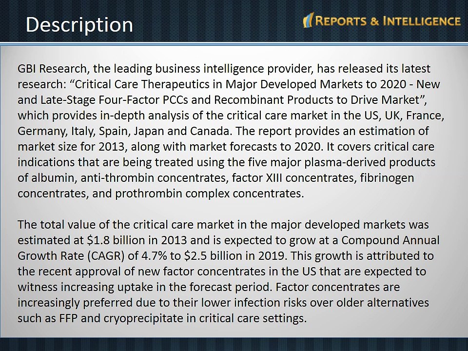 Critical Care Therapeutics in Major Developed Markets to 2020