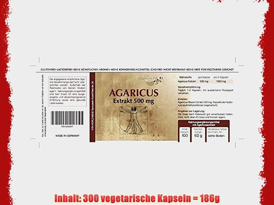 3er Pack Vita World Agaricus Extrakt 500mg 300 Kapseln Apotheken Herstellung ABM Agaricus Blazei