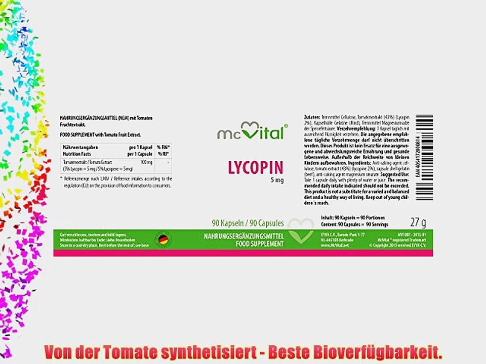 Lycopin 5 mg - aus Tomatenextrakt - Antioxidant - Schutz f?r Prostata Herz und Augen - 90 Kapseln