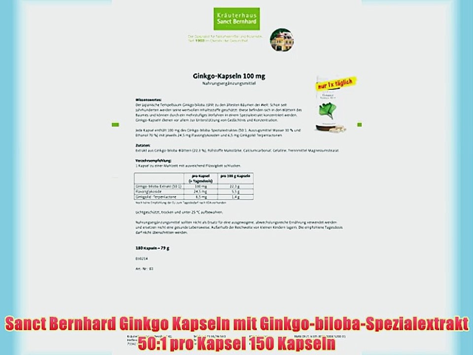 Sanct Bernhard Ginkgo Kapseln mit Ginkgo-biloba-Spezialextrakt 50:1 pro Kapsel 150 Kapseln