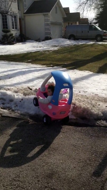 Dad plays Cop arresting adorable baby girl in her tuny Car stuck in the snow