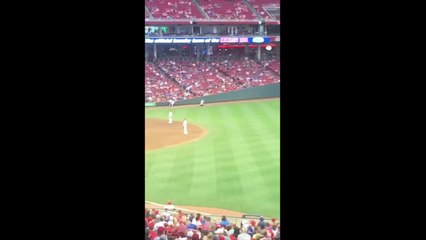 Descargar video: Ce fan de baseball se filme en train de courir sur le terrain en plein match et de s'échapper en sautant par dessus les barrières