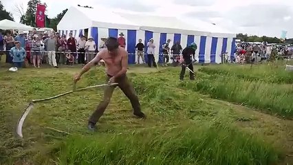 Mira cómo una hoz puede podar el césped más rápido que una podadora