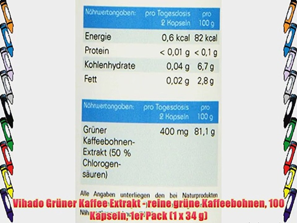 Vihado Gr?ner Kaffee Extrakt - reine gr?ne Kaffeebohnen 100 Kapseln 1er Pack (1 x 34 g)