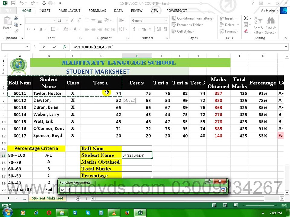 Ms Excel 2013 in urdu tutorials Using VlookUp in Marksheet