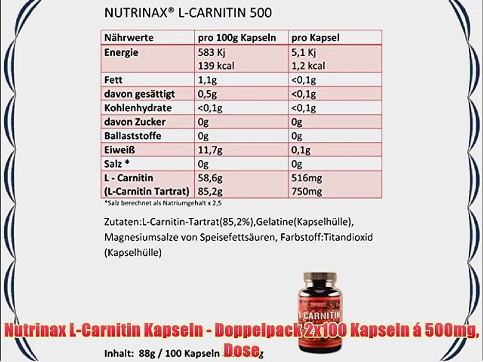 Nutrinax L-Carnitin Kapseln - Doppelpack 2x100 Kapseln ? 500mg Dose