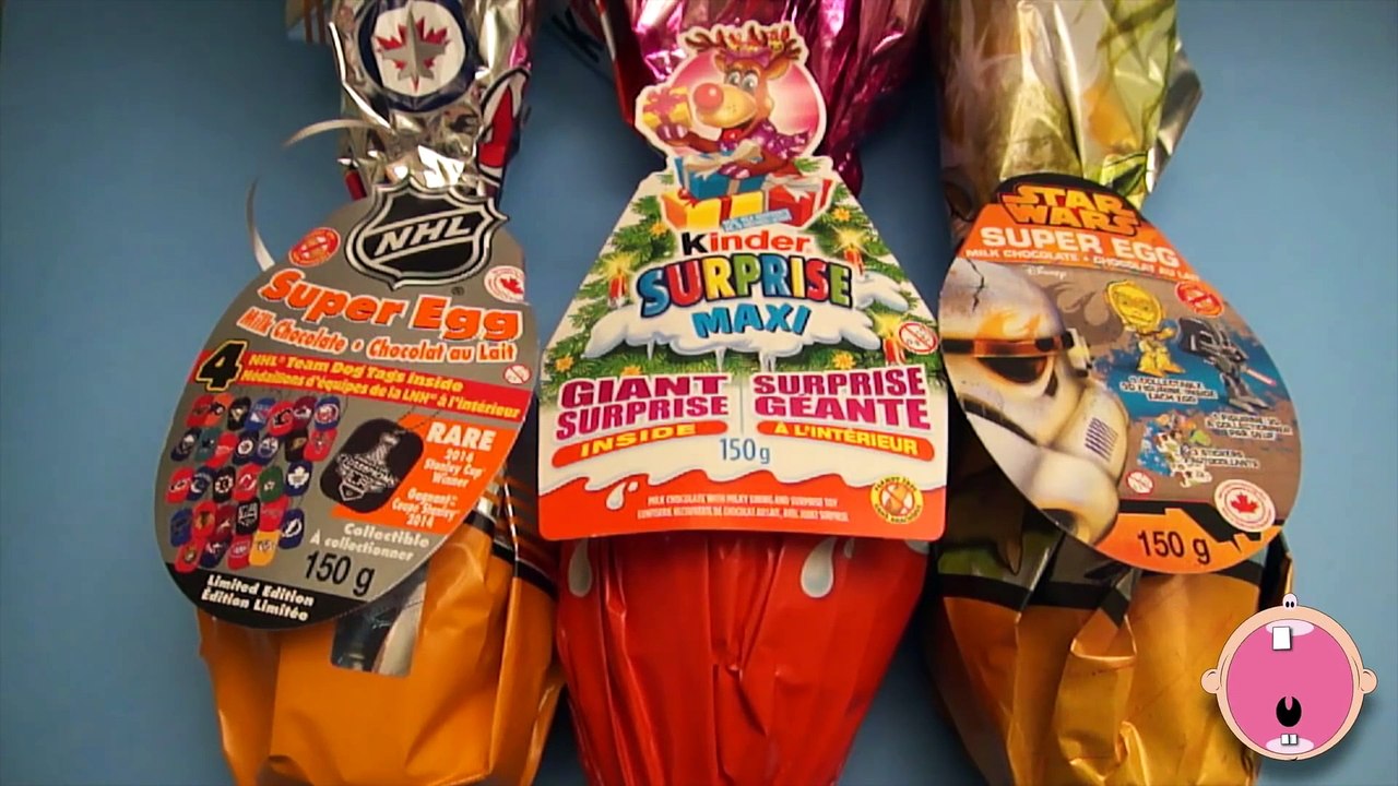 Opening 3 HUGE GIANT JUMBO MAXI Surprise Eggs!  Kinder Surprise Hockey Star Wars