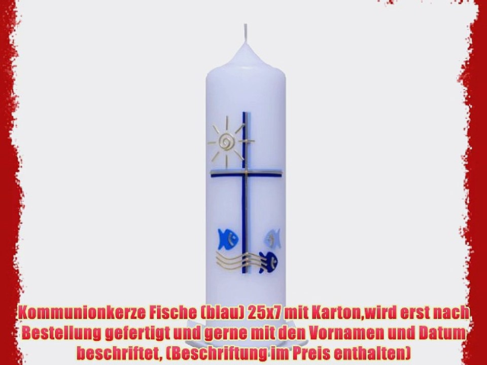 Kommunionkerze Fische (blau) 25x7 mit Kartonwird erst nach Bestellung gefertigt und gerne mit