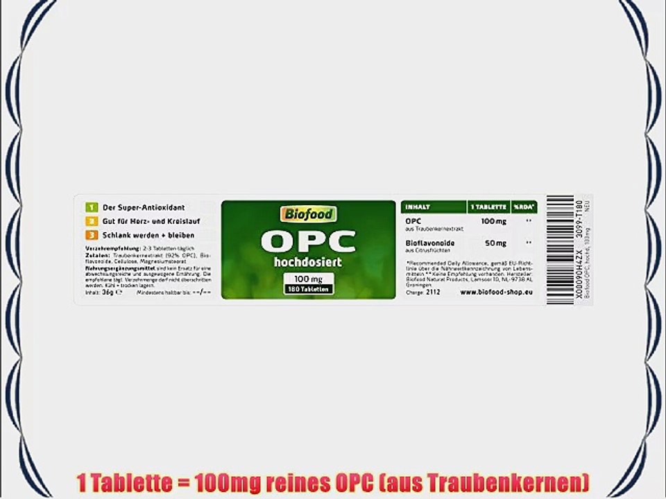 Biofood OPC 100mg reines OPC hochdosierter Anti-Oxidant 180 Tabletten - aus Traubenkernextrakt