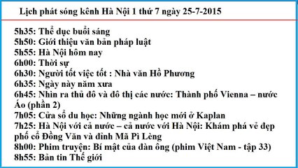 Lịch phát sóng kênh Hà Nội 1 thứ 7 ngày 25-7-2015