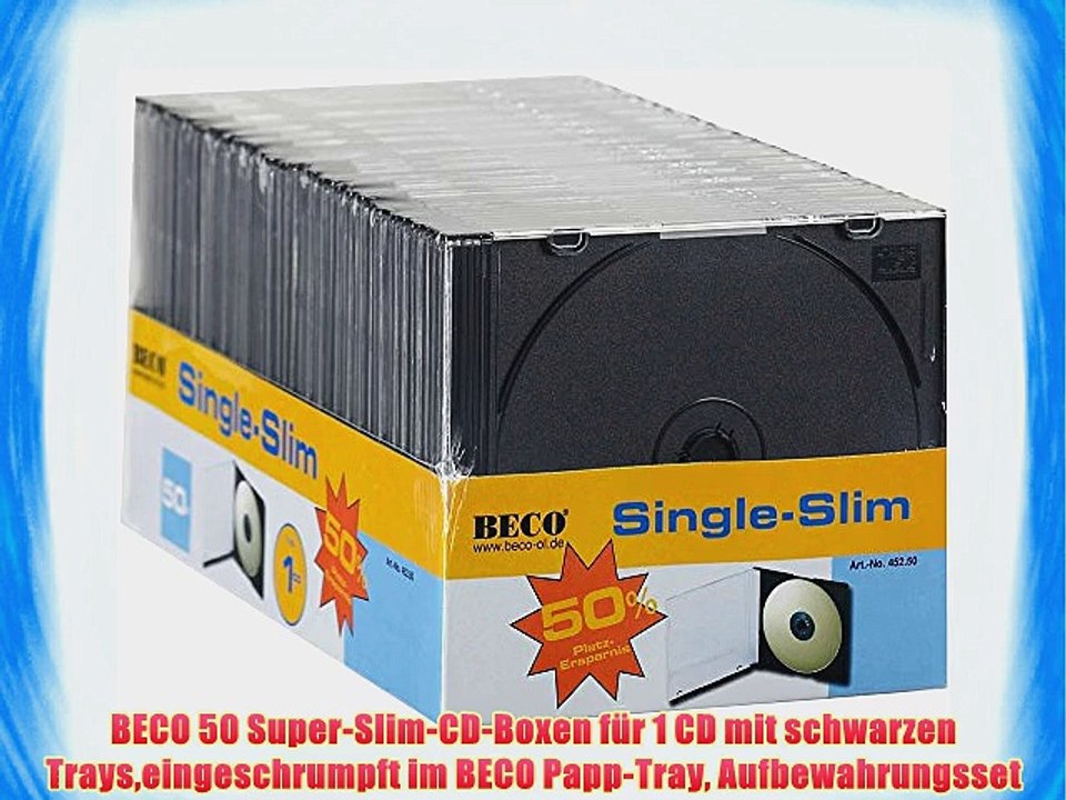 BECO 50 Super-Slim-CD-Boxen f?r 1 CD mit schwarzen Trayseingeschrumpft im BECO Papp-Tray Aufbewahrungsset
