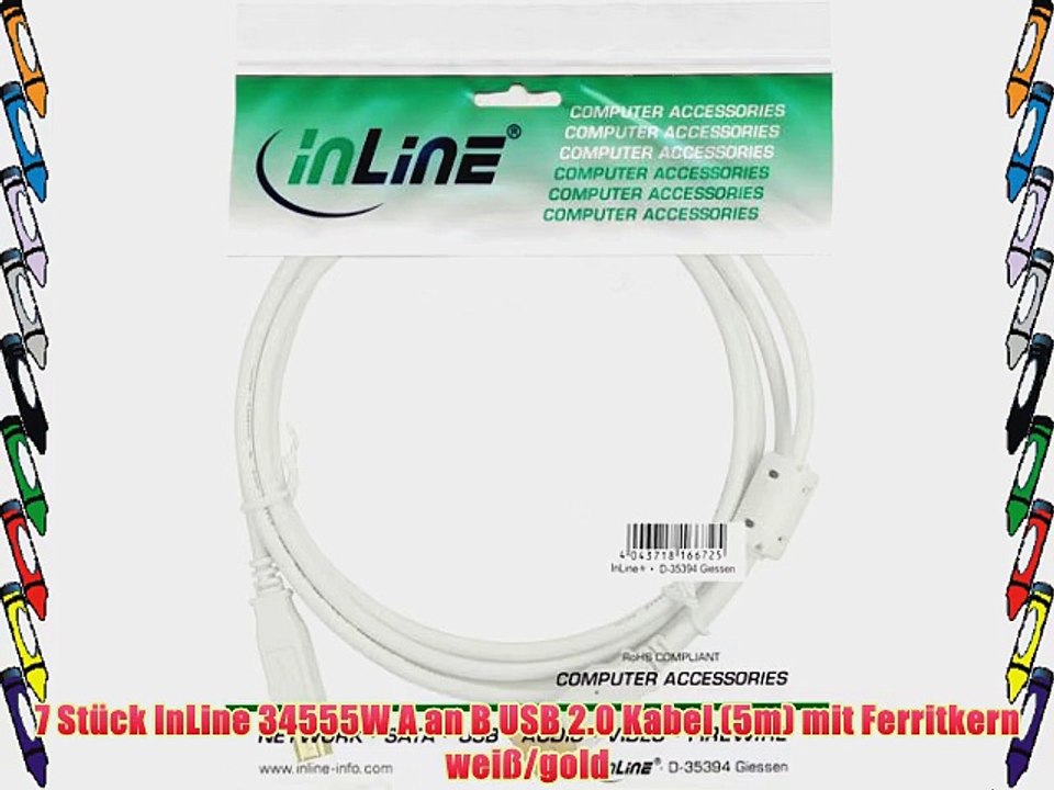 7 St?ck InLine 34555W A an B USB 2.0 Kabel (5m) mit Ferritkern wei?/gold