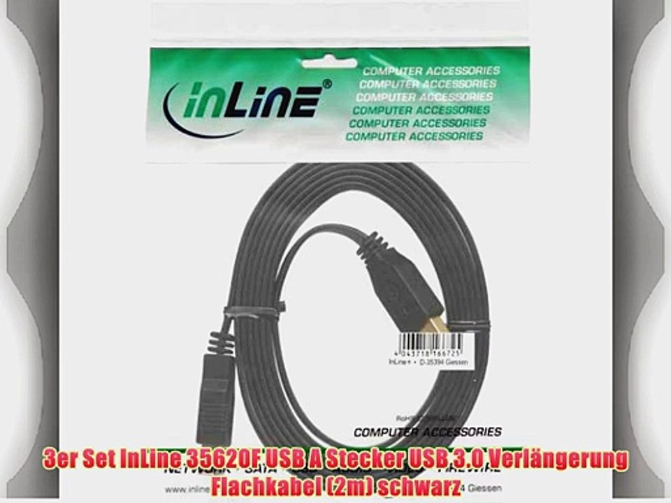 3er Set InLine 35620F USB A Stecker USB 3.0 Verl?ngerung Flachkabel (2m) schwarz