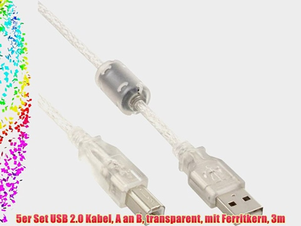 5er Set USB 2.0 Kabel A an B transparent mit Ferritkern 3m