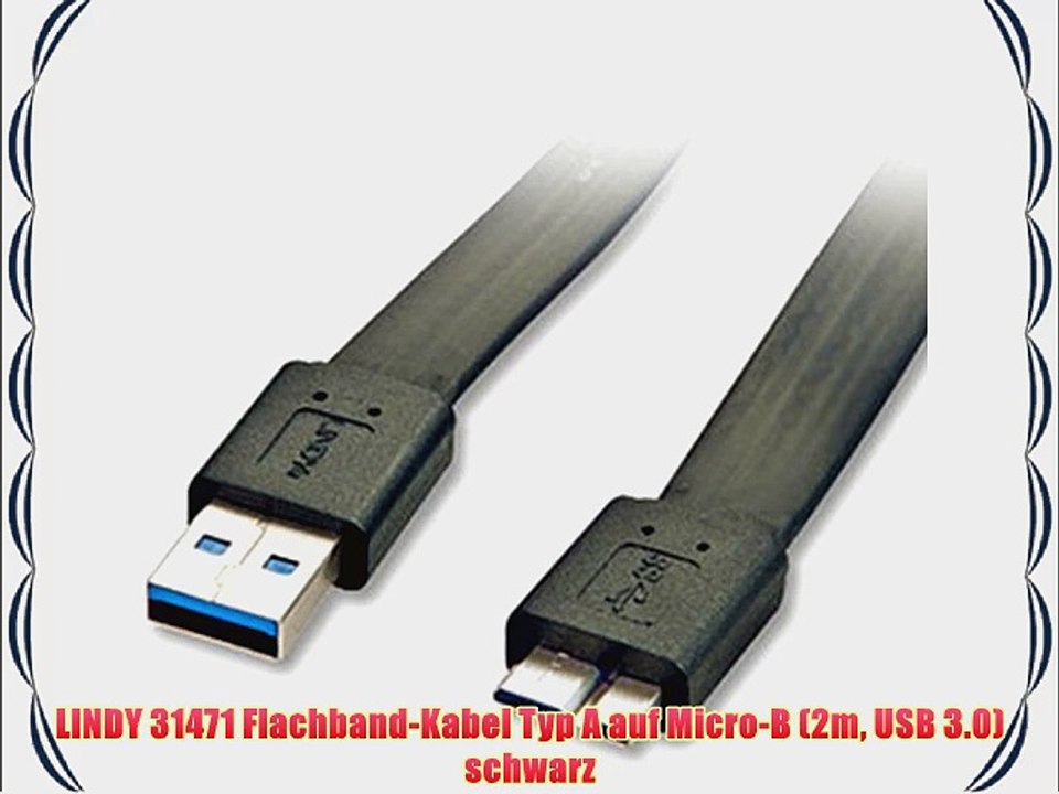 LINDY 31471 Flachband-Kabel Typ A auf Micro-B (2m USB 3.0) schwarz