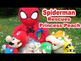Spiderman Saves Princess Peach, Mario, and Luigi  from Bowser on a Zip Line
