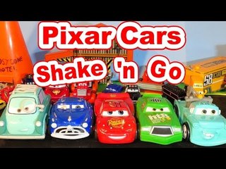 Pixar Cars Shake n Go Races on the Race Track with Lightning McQueen, Mater, Doc and Professor Zeee
