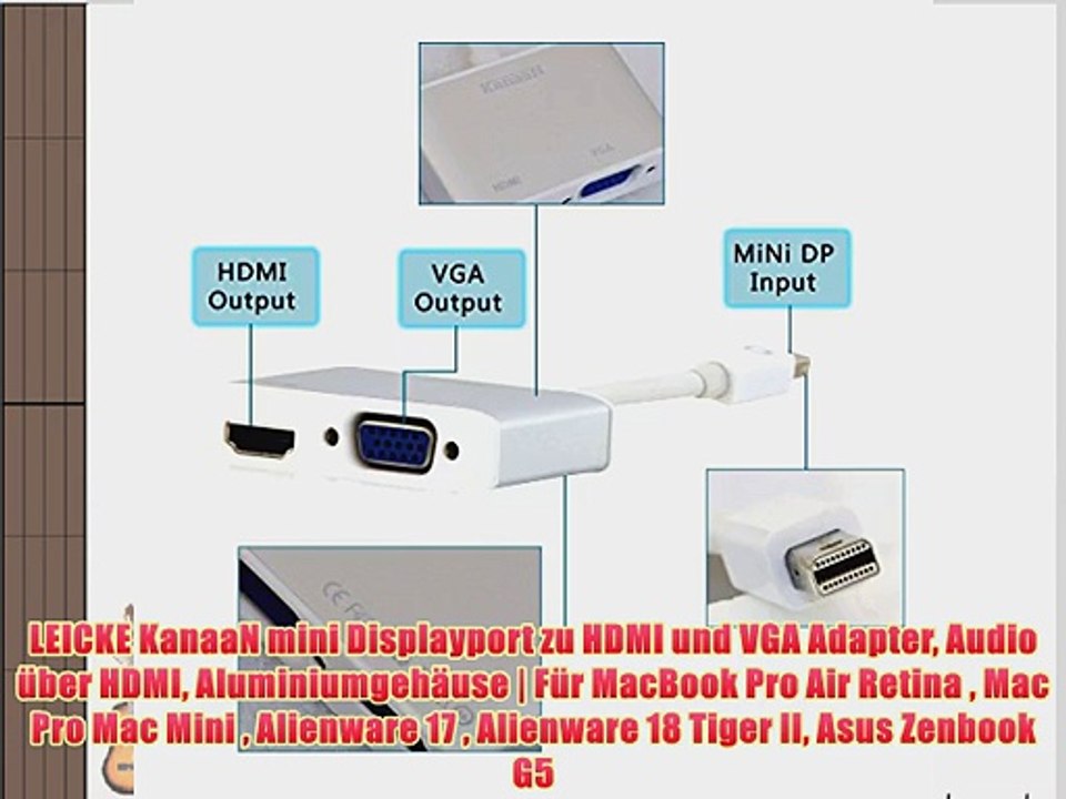 LEICKE KanaaN mini Displayport zu HDMI und VGA Adapter Audio ?ber HDMI Aluminiumgeh?use |?F?r
