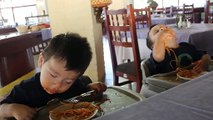Cutie twins Aj and Mj fall asleep eating spaghetti