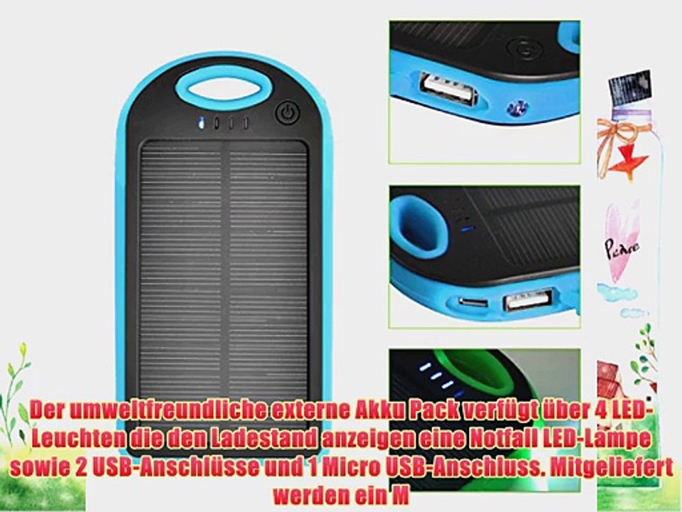 iProtect 5000mAh Solar Charger Power Bank Externer Akku Pack und Ladeger?t in blau f?r Smartphones