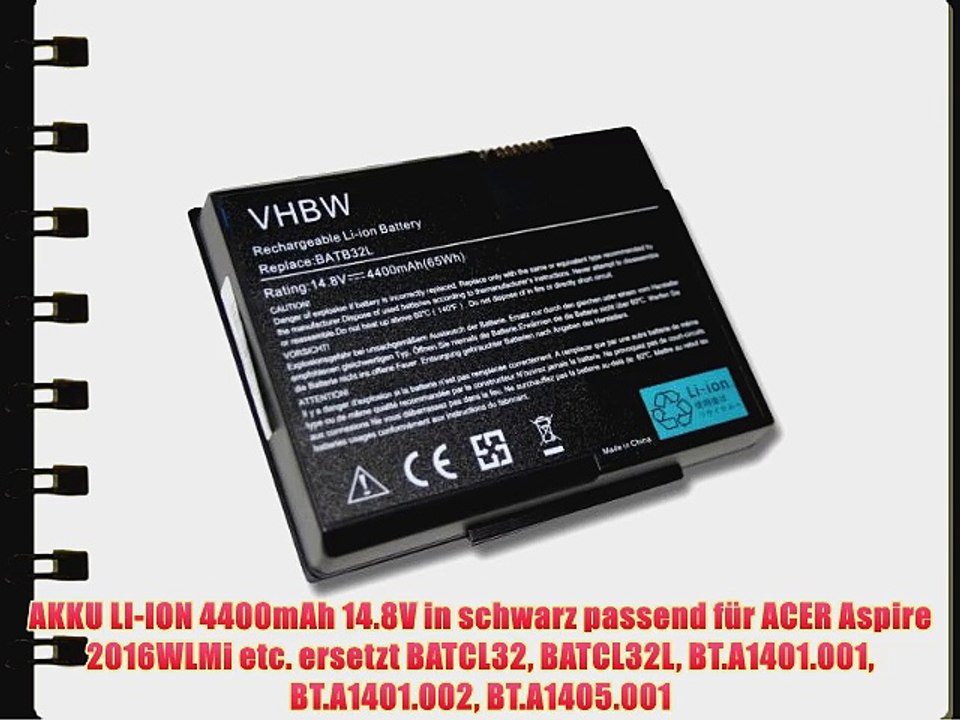 AKKU LI-ION 4400mAh 14.8V in schwarz passend f?r ACER Aspire 2016WLMi etc. ersetzt BATCL32