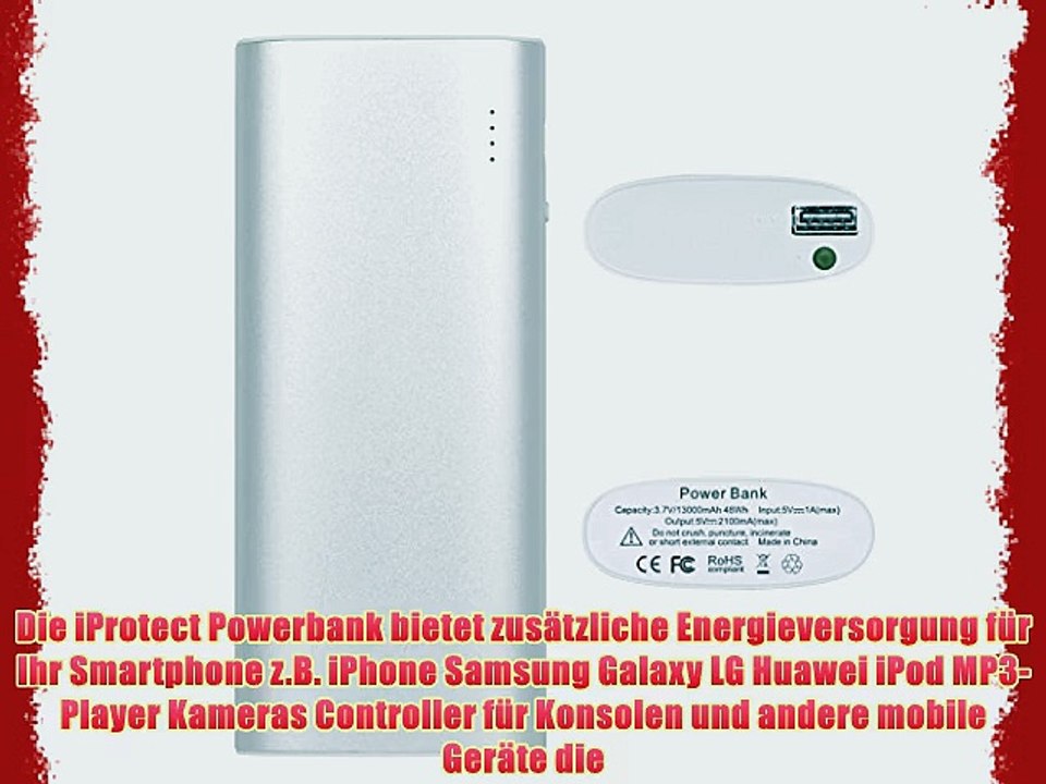 iProtect 13000mAh Power Bank Externer Akku Pack und Ladeger?t in metallic silber f?r Smartphones