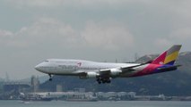 Boeing 747-400 Asiana Airlines Landing in Hong Kong Airport. Flight OZ723 reg. HL7423. Plane Spotting