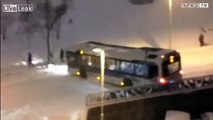 Slippery hill. Bus slide into another bus