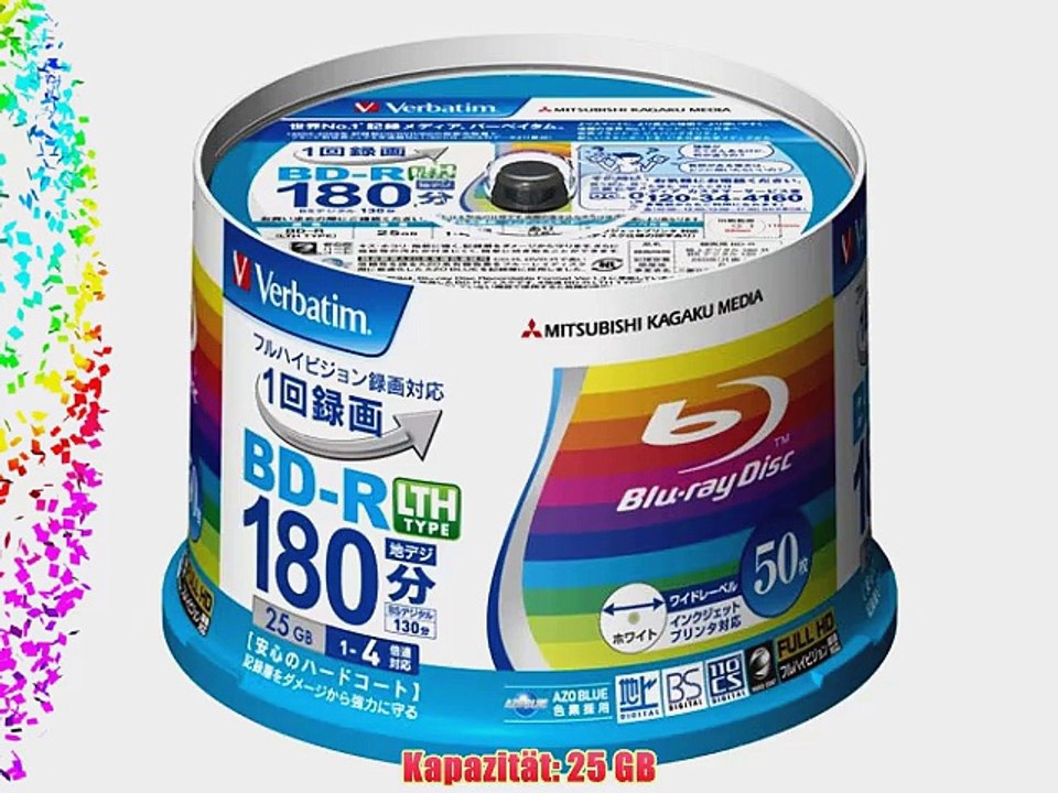 Verbatim Mitsubishi 25GB 4x Speed BD-R Blu-ray LTH TYPE Recordable Disk 50 Spindle Pack - Ink-jet