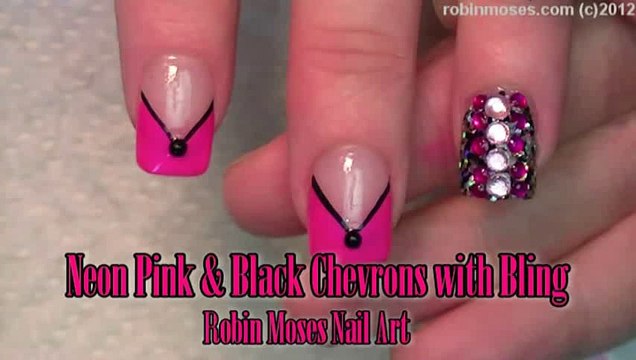 2 Nail Art Tutorials DIY Chevron French Mani Neon Pink & Black BLING Nails!