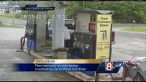 Man narrowly avoids being crushed by SUV while pumping gas