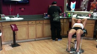 Girl Getting Piercing Punches Worker in Nuts