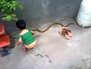 1 year old kid playing with snake watch video.