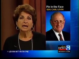 Woman hits Levin in the face with pie