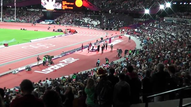 Jess Ennis Gold Medal Ceremony- with Seb Coe with National Anthem- right by the Union Flag!